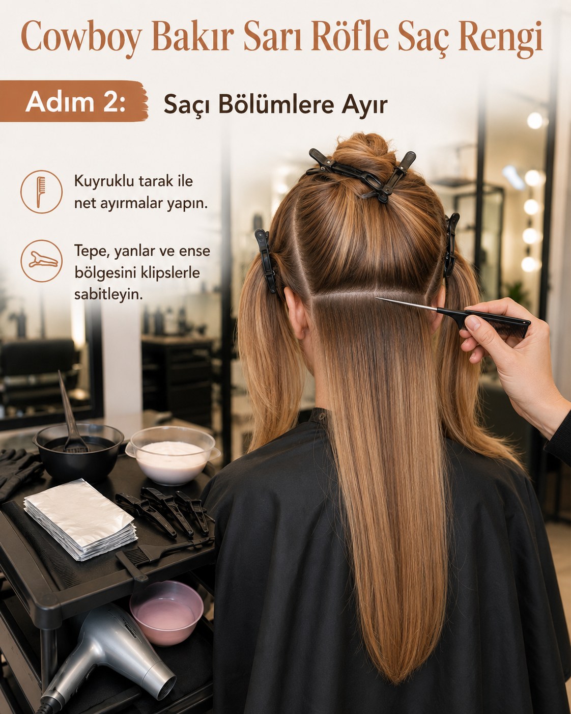 Kuyruklu tarak ile bölümlere ayrılmış saç, cowboy bakır sarı röfle saç rengi öncesi hazırlık