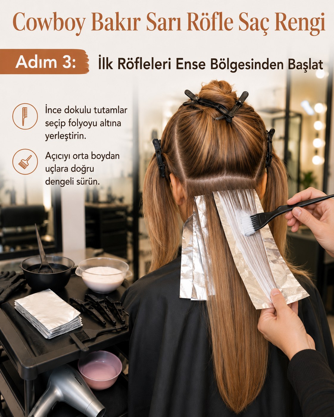 Ense bölgesinde folyo altında açıcı uygulanarak başlayan cowboy bakır sarı röfle saç rengi