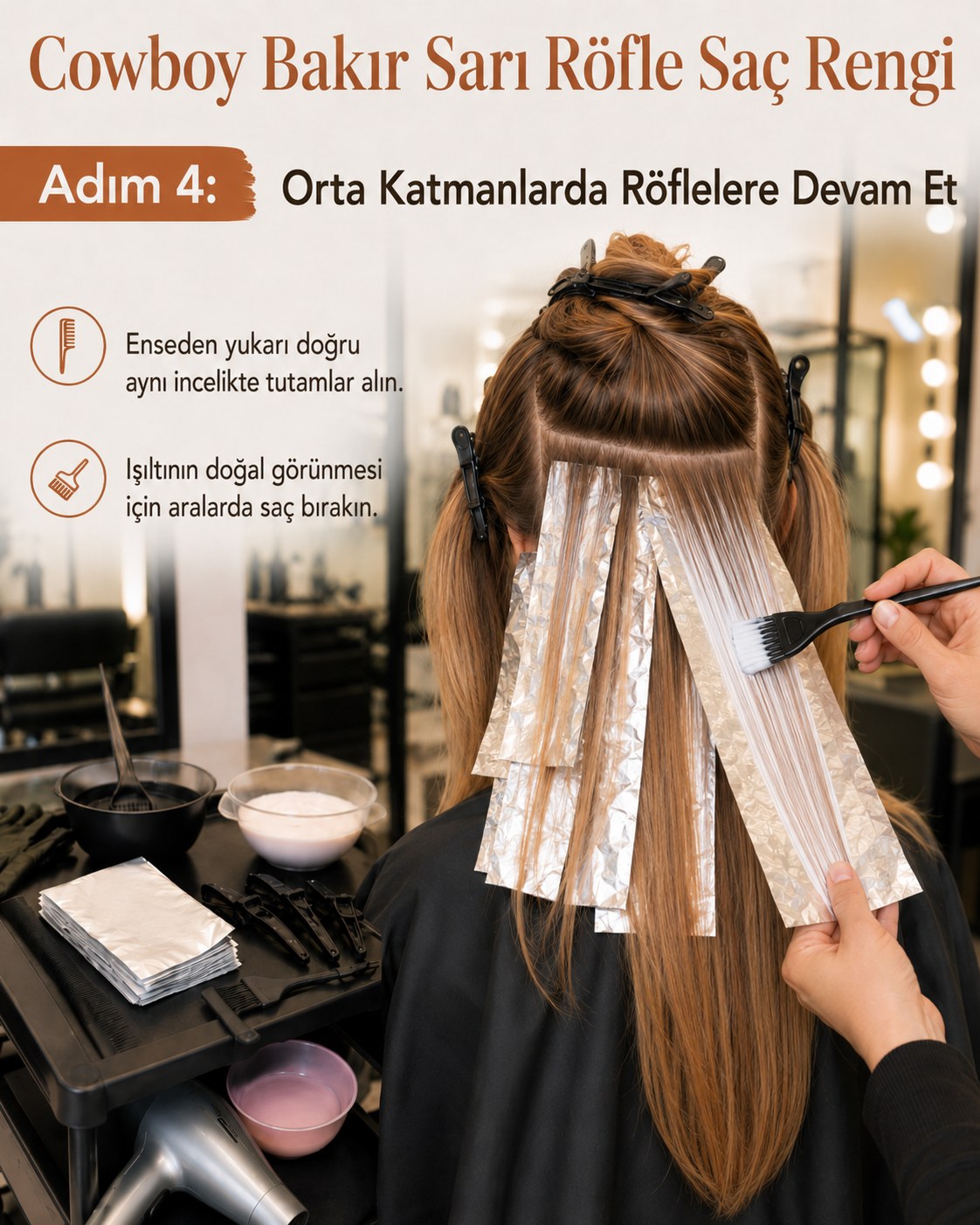 Orta katmanlarda aralıklı folyolarla devam eden cowboy bakır sarı röfle saç rengi uygulaması