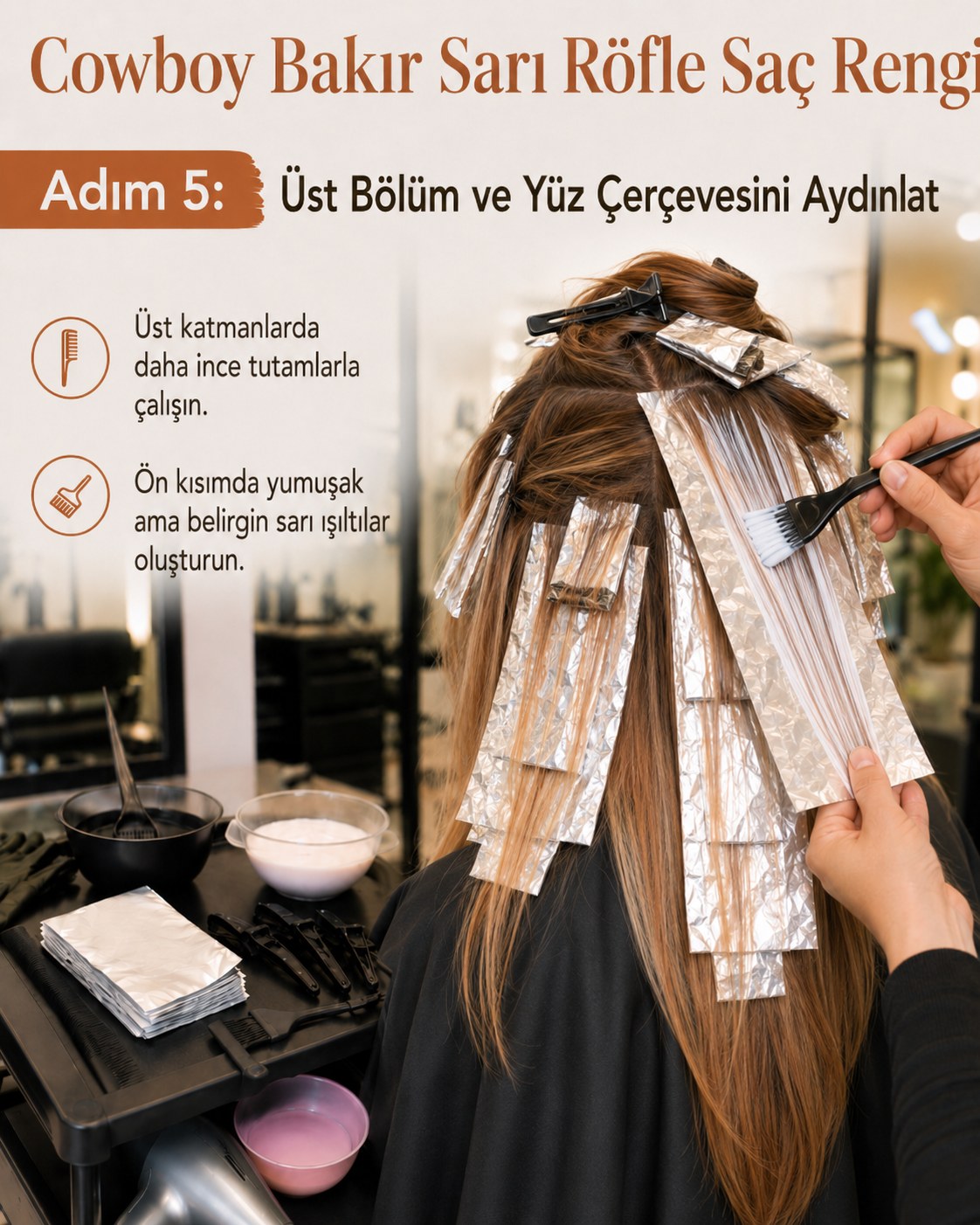 Üst katman ve yüz çerçevesinde ince folyolarla aydınlatılan cowboy bakır sarı röfle saç rengi