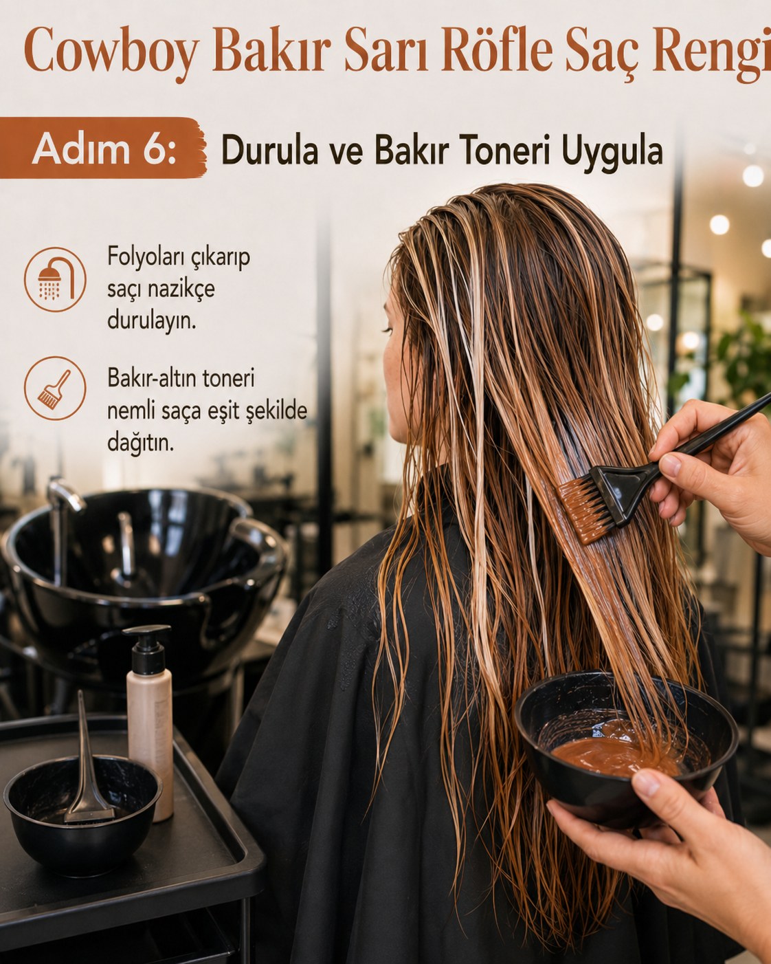 Durulama sonrası nemli saça uygulanan bakır-altın toner ile cowboy bakır sarı röfle saç rengi