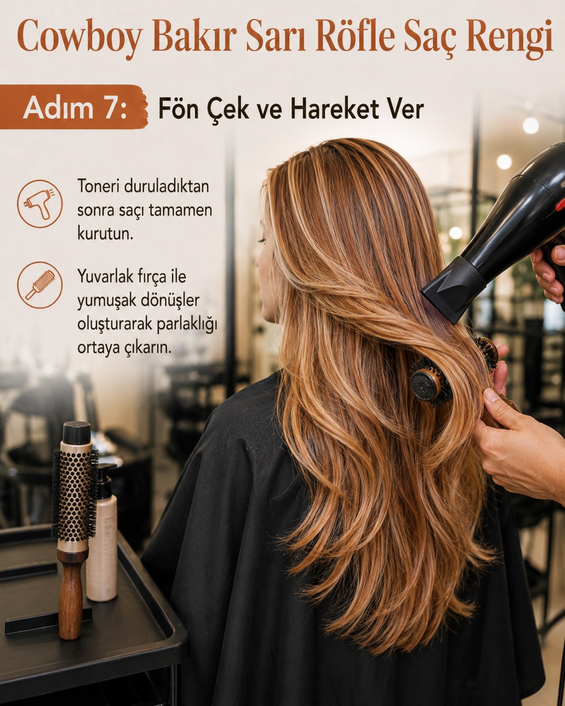 Yuvarlak fırça ile fön çekilerek parlaklığı ortaya çıkan cowboy bakır sarı röfle saç rengi