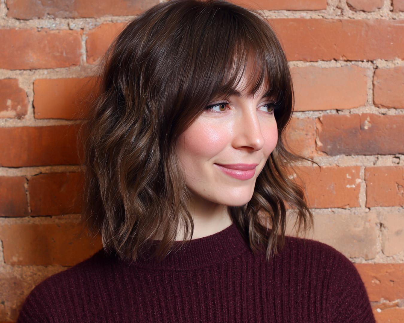 Wavy Brunette Lob With Bangs