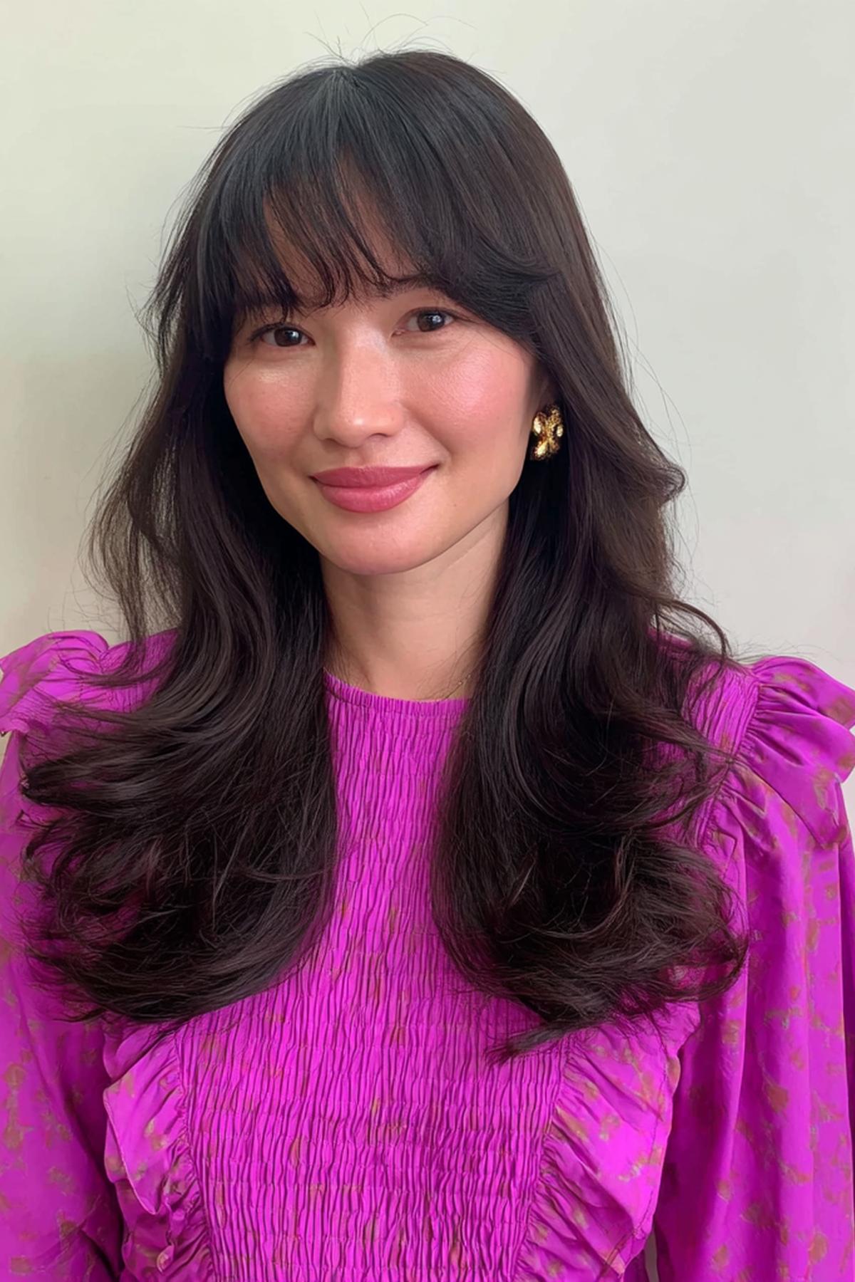 Full Bangs Dark Brown Waves