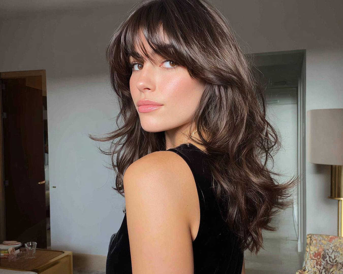 Layered Curtain Bangs Dark Brown