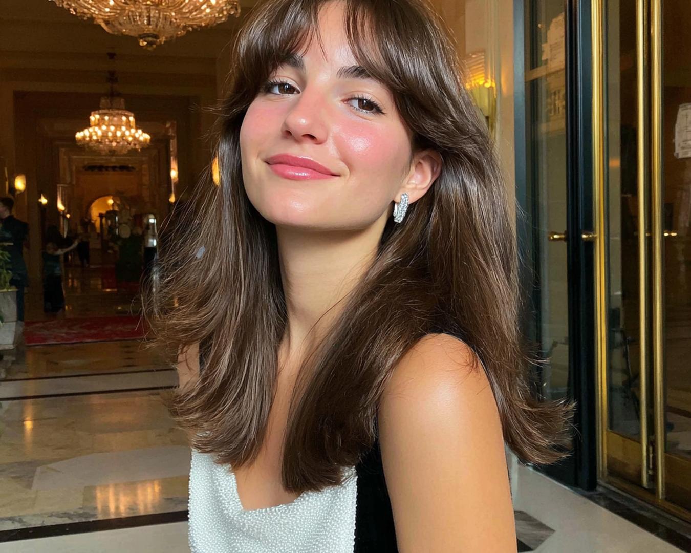 Medium Brown Curtain Bangs Blowout