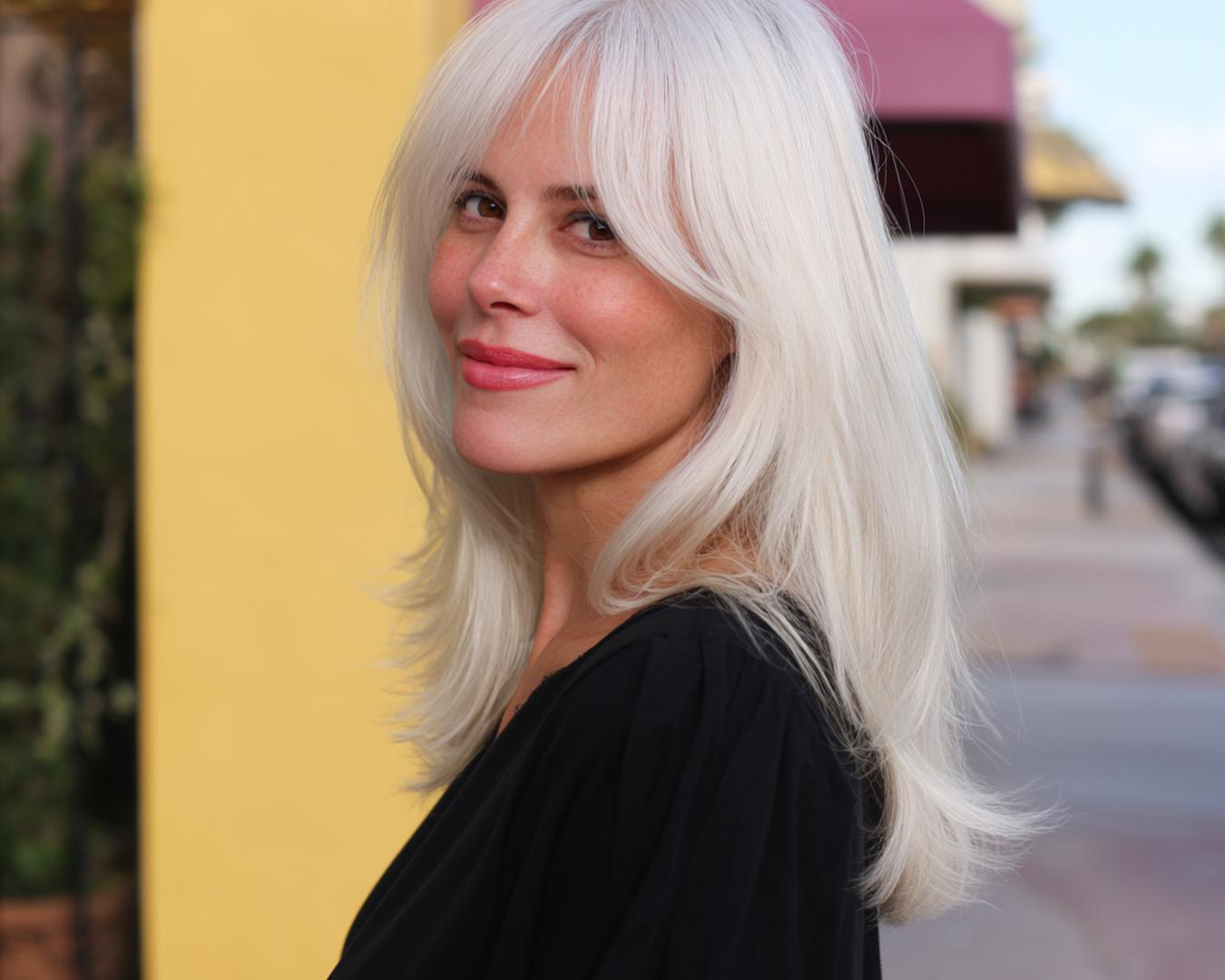 Layered Platinum Medium Curtain Bangs