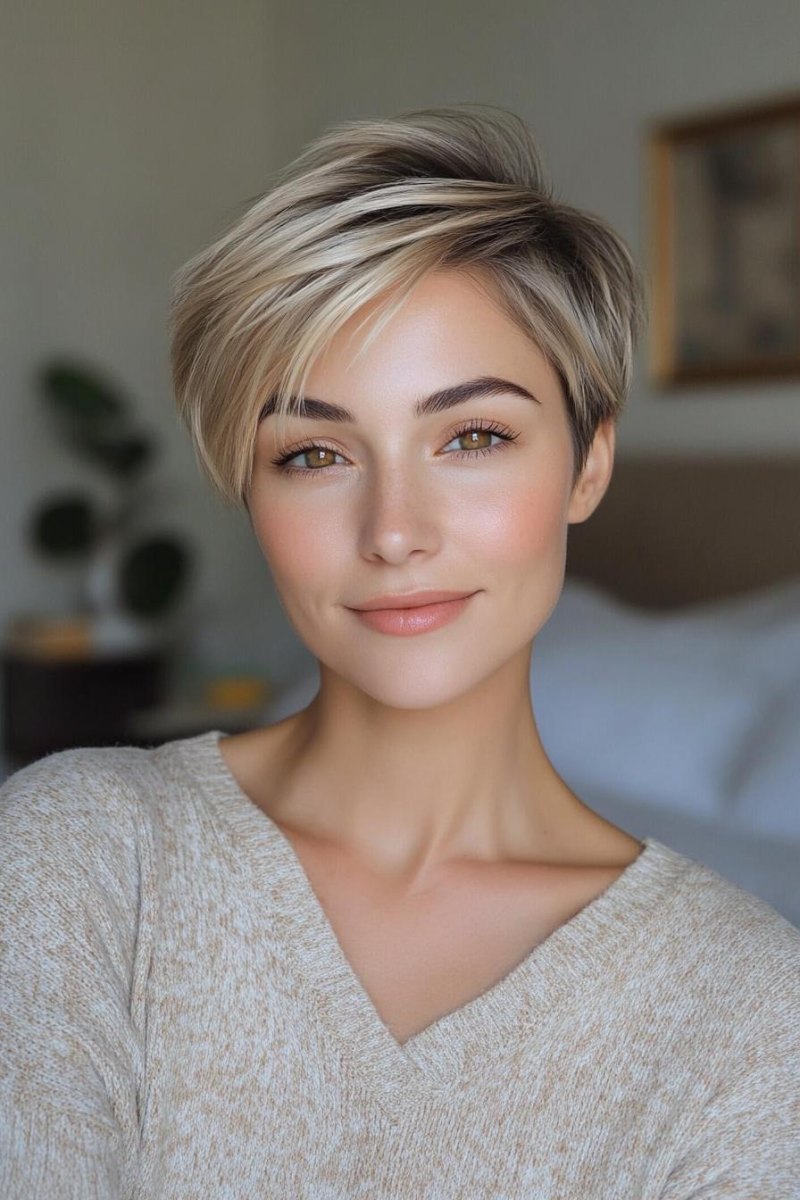 İnce sarı balyajlı yumuşak pixie modeli