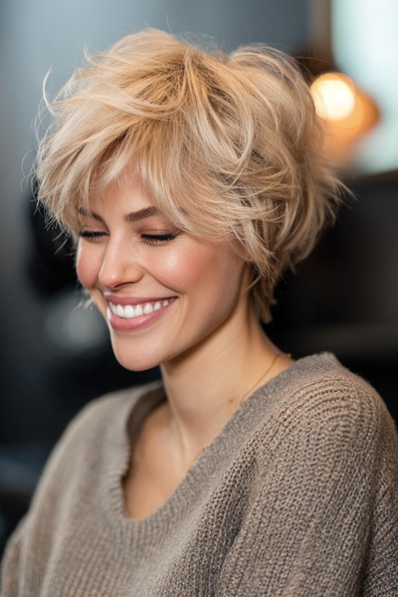 Gür saç hacimli pixie modeli