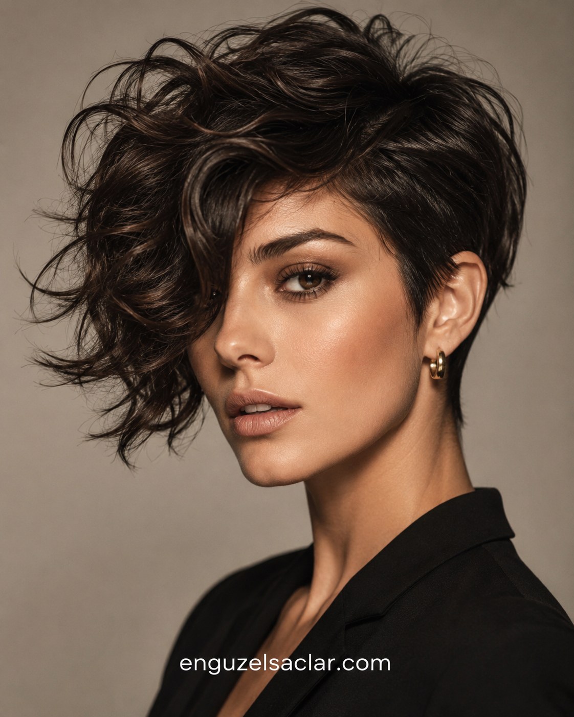 Koyu kahve zeminde ince röfle vurgusuyla dağınık dalgalı kısa saç bob modeli