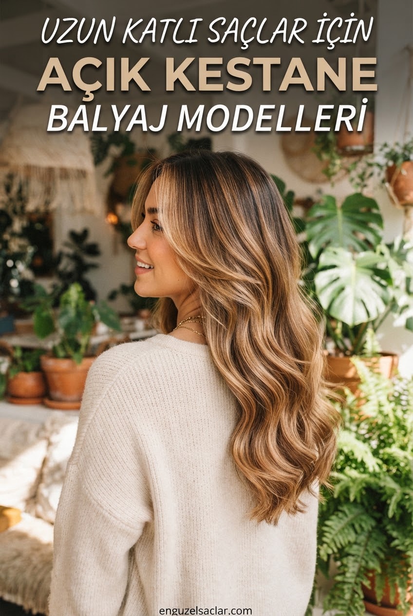 Uzun Katlı Saçlar İçin Açık Kestane Balyaj Modelleri