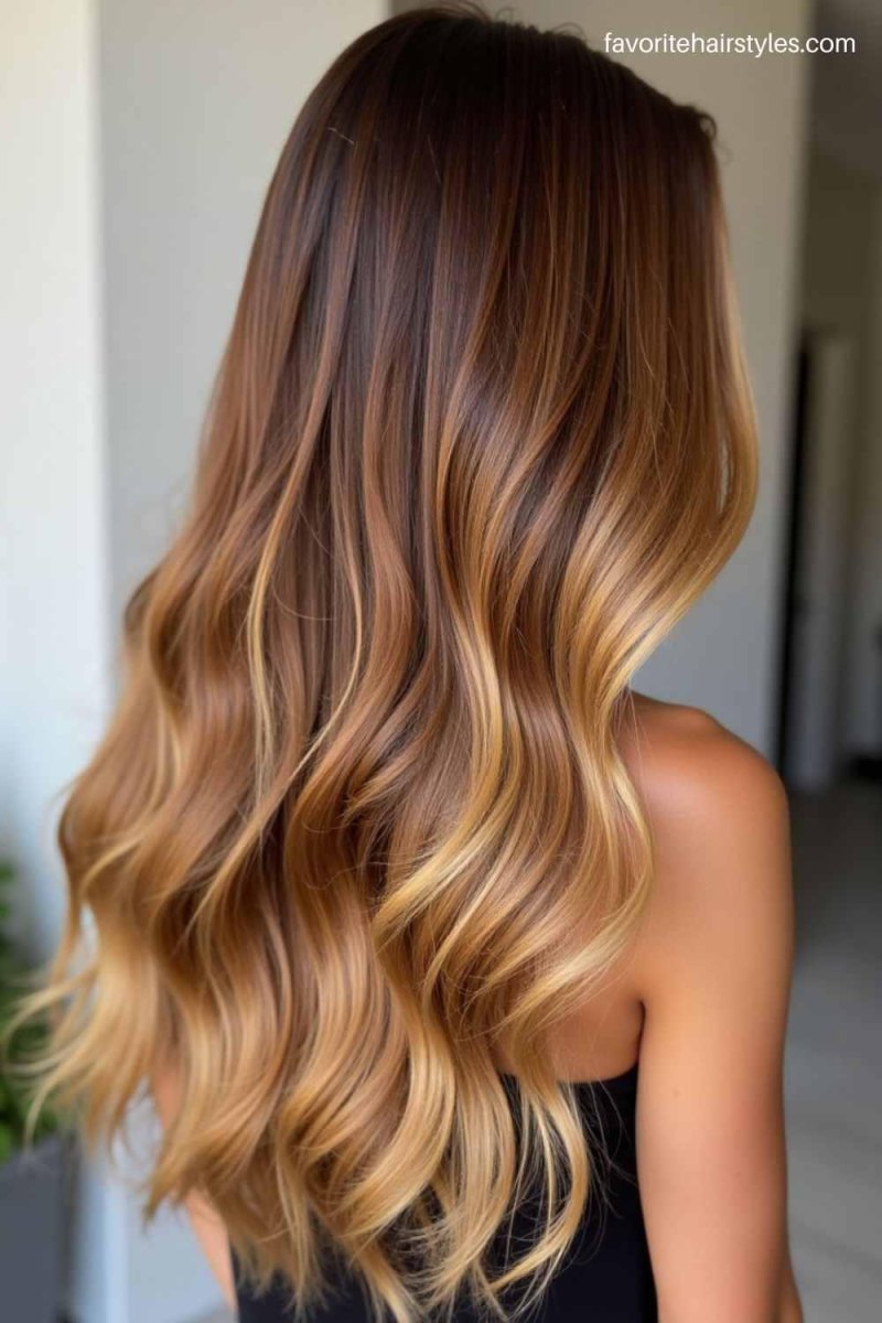 Açık karamel balayage uzun saçta doğal renk geçişi