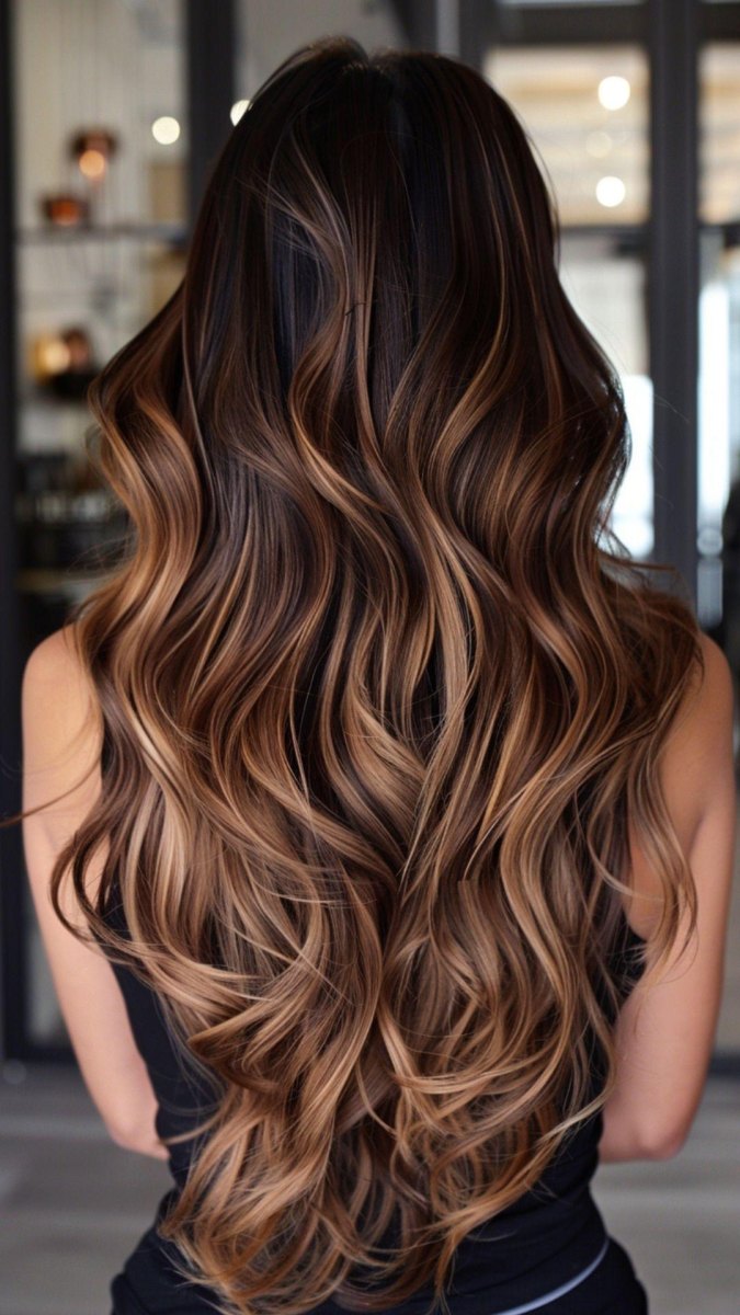 Sade düz karamel balayage uzun saç